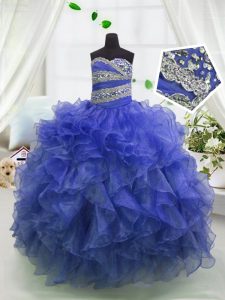 Best Selling Ball Gowns Pageant Dress for Womens Blue Sweetheart Organza Sleeveless Floor Length Lace Up