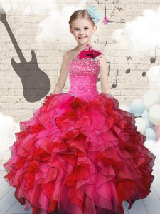 One Shoulder Hot Pink Sleeveless Beading and Ruffles Floor Length Child Pageant Dress