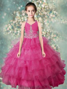 Top Selling Halter Top Beading and Ruffled Layers Little Girls Pageant Dress Wholesale Rose Pink Zipper Sleeveless Floor
