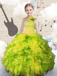 Beading and Ruffles Little Girl Pageant Gowns Yellow Green Lace Up Sleeveless Floor Length