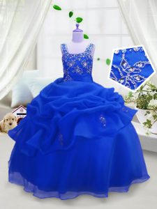 Sleeveless Organza Floor Length Zipper Little Girls Pageant Dress Wholesale in Royal Blue with Beading and Pick Ups