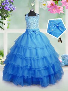 Ruffled Floor Length Ball Gowns Sleeveless Baby Blue Little Girls Pageant Dress Zipper