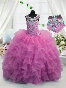 Scoop Sleeveless Organza Floor Length Lace Up Pageant Dress Toddler in Fuchsia with Beading and Ruffled Layers