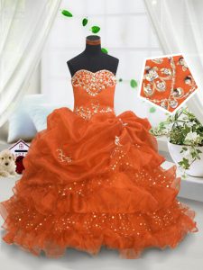 Orange Organza Lace Up Pageant Gowns Sleeveless Floor Length Beading and Ruffled Layers and Pick Ups