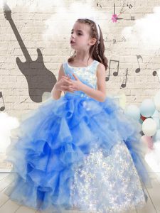Scoop Floor Length Baby Blue Little Girl Pageant Gowns Organza Sleeveless Beading and Ruffles