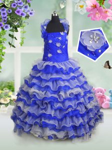 Sleeveless Organza Floor Length Lace Up Kids Pageant Dress in Royal Blue with Beading and Appliques and Ruffled Layers