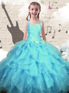 Latest Halter Top Aqua Blue Sleeveless Organza Lace Up Kids Pageant Dress for Party and Wedding Party