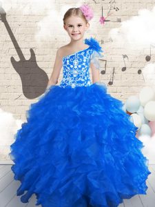 Low Price Navy Blue One Shoulder Neckline Embroidery and Ruffles and Hand Made Flower Pageant Dress for Girls Sleeveless
