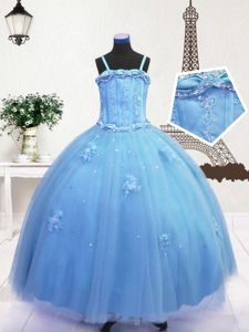 Chic Baby Blue Sleeveless Tulle Zipper Pageant Gowns For Girls for Party and Wedding Party