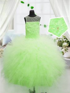 Custom Fit Scoop Sleeveless Tulle Floor Length Zipper Pageant Dress Wholesale in Yellow Green with Beading and Appliques