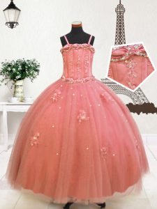 Watermelon Red Ball Gowns Tulle Spaghetti Straps Sleeveless Beading and Appliques Floor Length Zipper Pageant Dresses