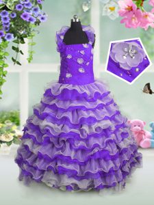 Ruffled Floor Length Lavender Little Girls Pageant Dress Straps Sleeveless Lace Up