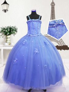 Blue Zipper Spaghetti Straps Beading and Hand Made Flower Little Girls Pageant Gowns Tulle Sleeveless