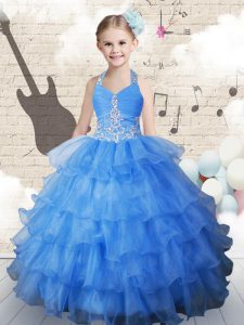 Halter Top Ruffled Floor Length Ball Gowns Sleeveless Light Blue Pageant Dress Wholesale Lace Up