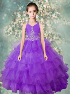 Exceptional Halter Top Ruffled Floor Length Ball Gowns Sleeveless Lavender Pageant Dress Toddler Zipper