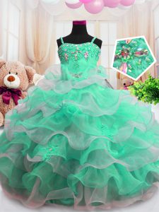 Green Zipper Spaghetti Straps Beading and Ruffled Layers Little Girls Pageant Gowns Organza Sleeveless