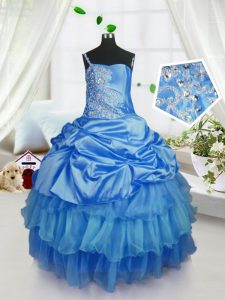 Baby Blue Strapless Lace Up Beading and Ruffled Layers and Pick Ups Kids Pageant Dress Sleeveless