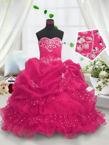 Chic Hot Pink Girls Pageant Dresses Party and Wedding Party and For with Beading and Ruffled Layers and Pick Ups Sweethe