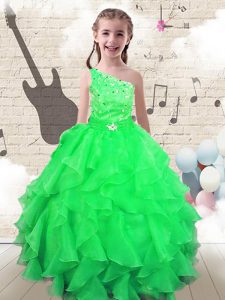 Latest One Shoulder Sleeveless Lace Up Little Girls Pageant Dress Apple Green Organza