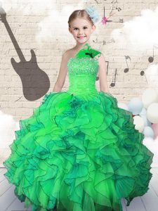 Green Ball Gowns One Shoulder Sleeveless Organza Floor Length Lace Up Beading and Ruffles Little Girls Pageant Dress Who