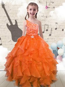 Fashion Orange Red Ball Gowns Organza One Shoulder Sleeveless Beading and Ruffles Floor Length Lace Up Little Girls Page