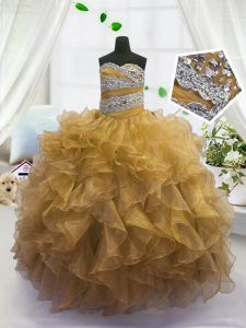 Popular Gold Child Pageant Dress Party and Wedding Party and For with Beading and Ruffles Sweetheart Sleeveless Lace Up