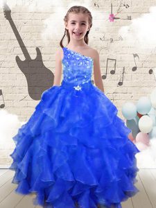 Glorious Royal Blue One Shoulder Neckline Beading and Ruffles Pageant Dress for Teens Sleeveless Lace Up