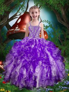 Eggplant Purple Little Girl Pageant Dress Party and Wedding Party and For with Beading and Ruffles Spaghetti Straps Slee