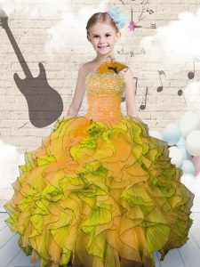 Sleeveless Organza Floor Length Lace Up Kids Formal Wear in Orange with Beading and Ruffles
