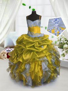 Glorious Sleeveless Floor Length Beading and Ruffles and Pick Ups Lace Up Little Girls Pageant Dress with Gold
