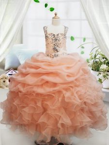 Hot Selling Floor Length Zipper Little Girl Pageant Gowns Orange for Party and Wedding Party with Beading and Ruffles an
