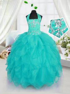 Halter Top Floor Length Lace Up Kids Pageant Dress Aqua Blue for Military Ball and Sweet 16 and Quinceanera with Beading