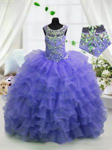 Extravagant Lavender Scoop Neckline Beading and Ruffled Layers Kids Pageant Dress Sleeveless Lace Up