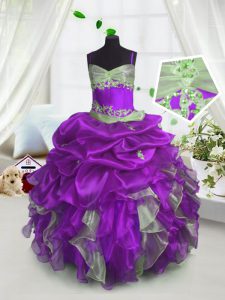 Modern Lavender Ball Gowns Organza Spaghetti Straps Sleeveless Beading and Ruffles and Pick Ups Floor Length Lace Up Pag