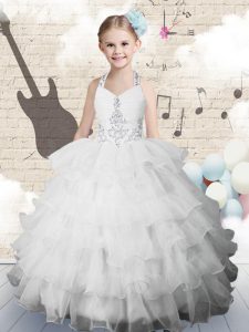 Elegant Ruffled Ball Gowns Pageant Dress Toddler White Halter Top Organza Sleeveless Floor Length Lace Up