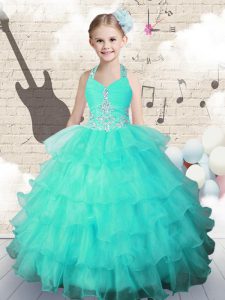 Organza Halter Top Sleeveless Lace Up Beading and Ruffled Layers Kids Pageant Dress in Turquoise