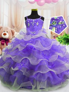 Ruffled Eggplant Purple Sleeveless Organza Zipper Child Pageant Dress for Party and Wedding Party