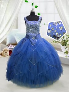 Tulle Straps Sleeveless Lace Up Beading and Ruffles Little Girl Pageant Gowns in Royal Blue