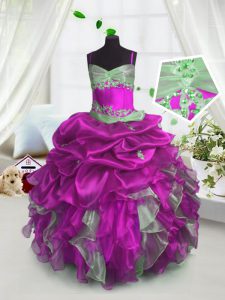 Glittering Sleeveless Floor Length Beading and Ruffles and Pick Ups Lace Up Kids Formal Wear with Fuchsia