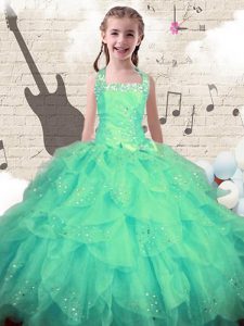 High Quality Organza Halter Top Sleeveless Lace Up Beading and Ruffles Little Girls Pageant Gowns in Turquoise