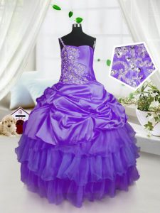 Fantastic Purple Ball Gowns Strapless Sleeveless Organza Floor Length Lace Up Beading and Ruffled Layers and Pick Ups Gl