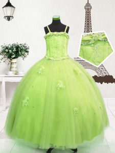 Fine Yellow Green Tulle Zipper Kids Formal Wear Sleeveless Floor Length Beading and Appliques