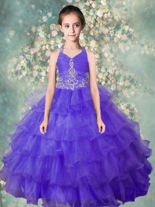 Dynamic Halter Top Beading and Ruffled Layers Child Pageant Dress Blue Zipper Sleeveless Floor Length