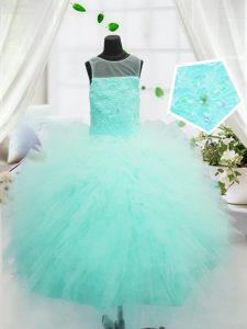 Dazzling Ball Gowns Child Pageant Dress Aqua Blue Scoop Tulle Sleeveless Floor Length Zipper