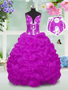 Sleeveless Floor Length Beading and Appliques and Pick Ups Lace Up Little Girl Pageant Gowns with Fuchsia