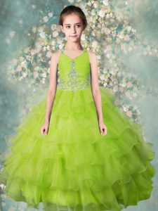 Halter Top Organza Sleeveless Floor Length Little Girls Pageant Dress and Beading and Ruffled Layers