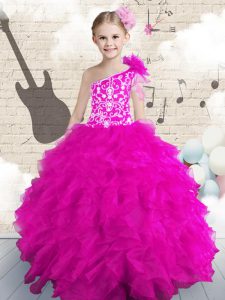 One Shoulder Embroidery and Ruffles and Hand Made Flower Pageant Gowns For Girls Hot Pink Lace Up Sleeveless Floor Lengt