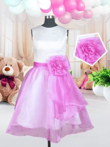 Affordable Scoop Sleeveless Organza Knee Length Zipper Toddler Flower Girl Dress in Rose Pink with Sashes ribbons and Ha