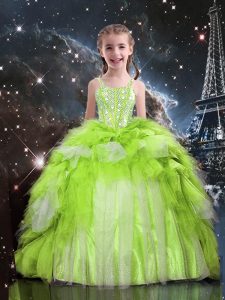 Glittering Ruffled Spaghetti Straps Sleeveless Lace Up Pageant Dress Toddler Apple Green Tulle