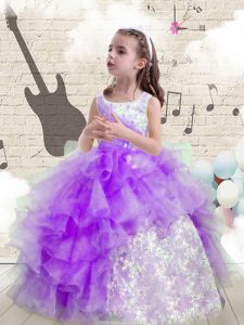 Amazing Eggplant Purple Ball Gowns Scoop Sleeveless Organza Floor Length Lace Up Beading and Ruffled Layers Little Girls